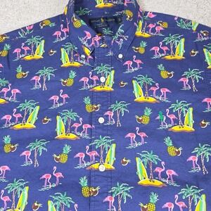 Ralph Lauren Hawaiian Shirt Mens XL Blue Classic Fit Flamingo Pineapple Beach